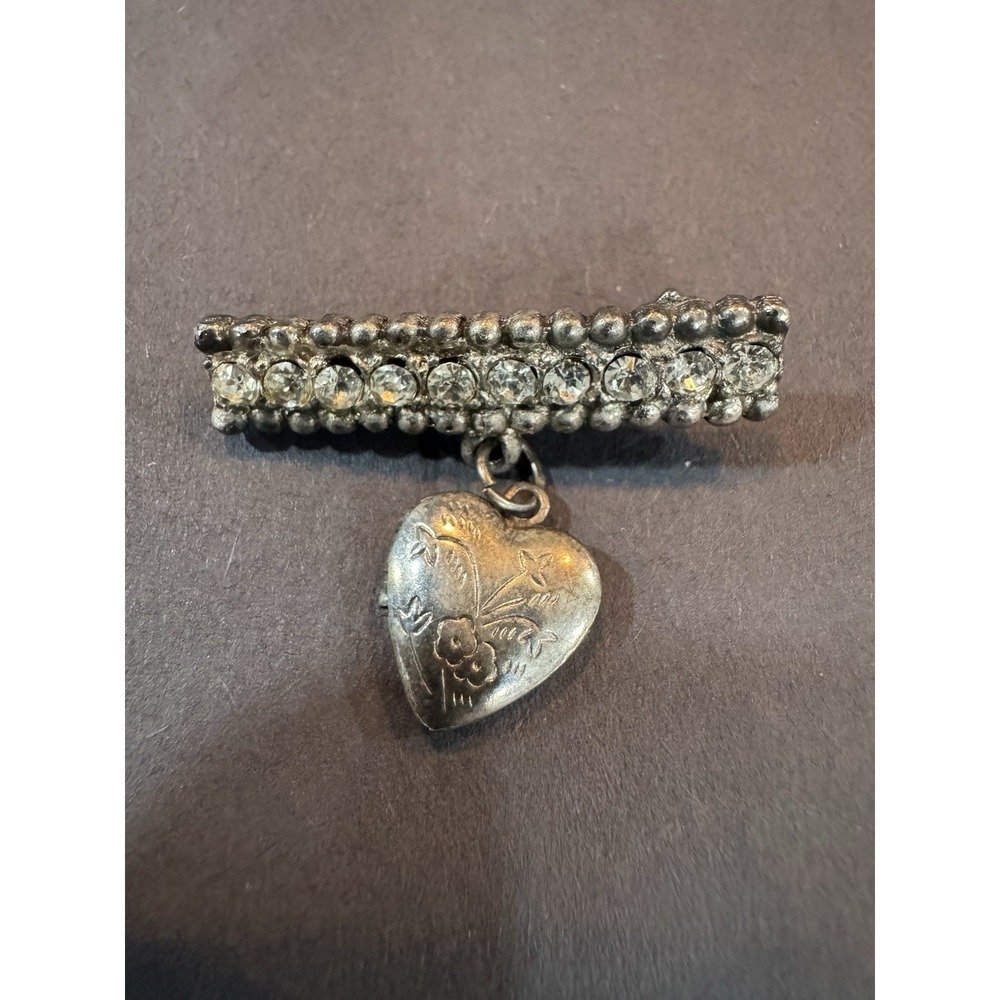 VTG Puffy Heart‎ Etched Rhinestone Pot Metal Brooch Pin Brooch Bar Locket